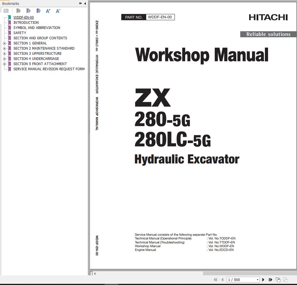 Hitachi Hydraulic Excavator ZX280 5G ZX280LC 5G Workshop Manual WDDF EN 00