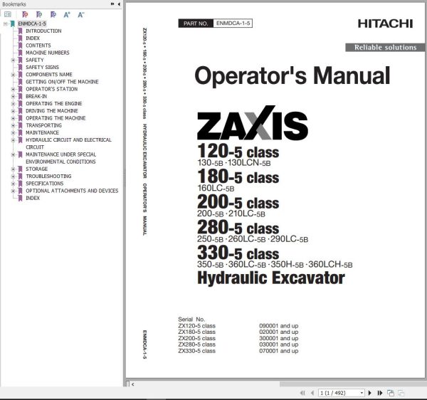 Hitachi Hydraulic Excavator ZX290LC 5B Operators Manual ENMDCA 1 5