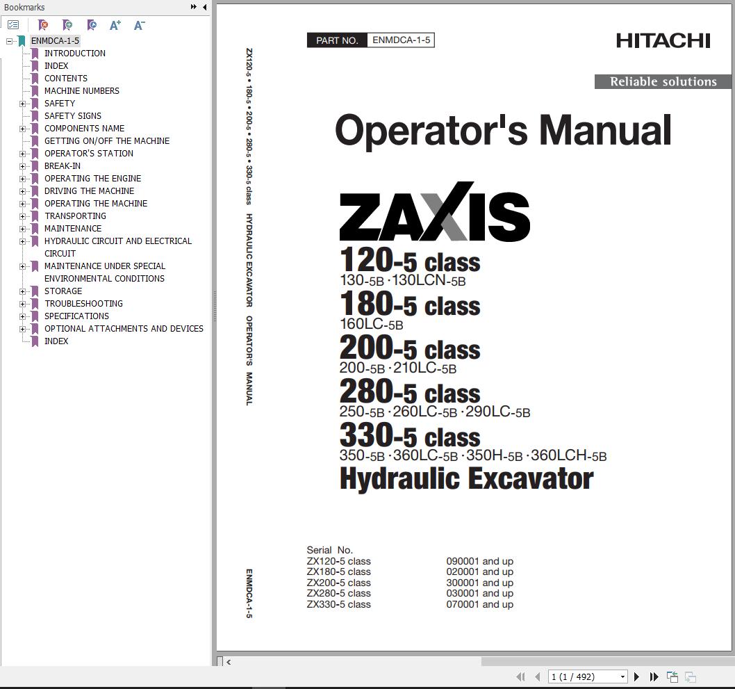 Hitachi Hydraulic Excavator ZX290LC 5B Operators Manual ENMDCA 1 5
