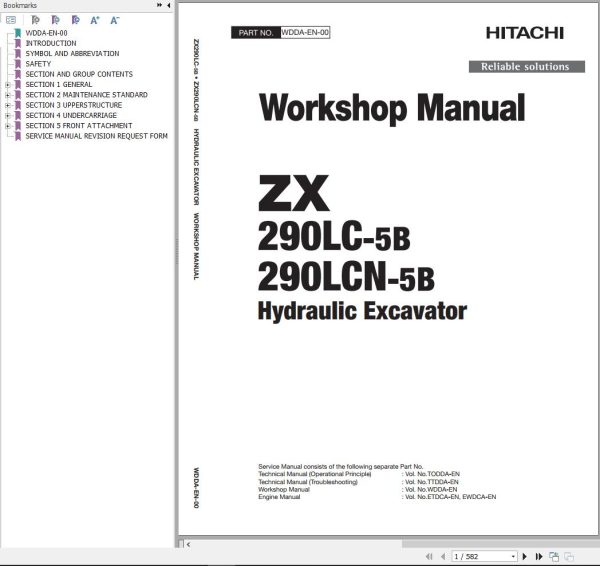 Hitachi Hydraulic Excavator ZX290LC 5B ZX290LCN 5B Workshop Manual