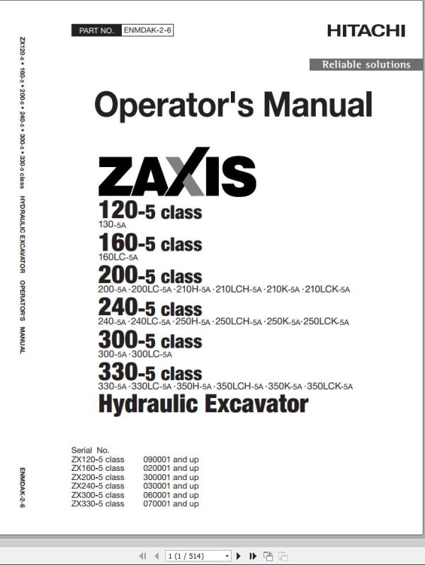 Hitachi Hydraulic Excavator ZX300 5A ZX300LC 5A Operators Manual ENMDAK 2 6