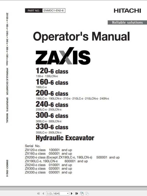 Hitachi Hydraulic Excavator ZX300LC 6 ZX300LCN 6 Operators Manual ENMDC1 EN2 6