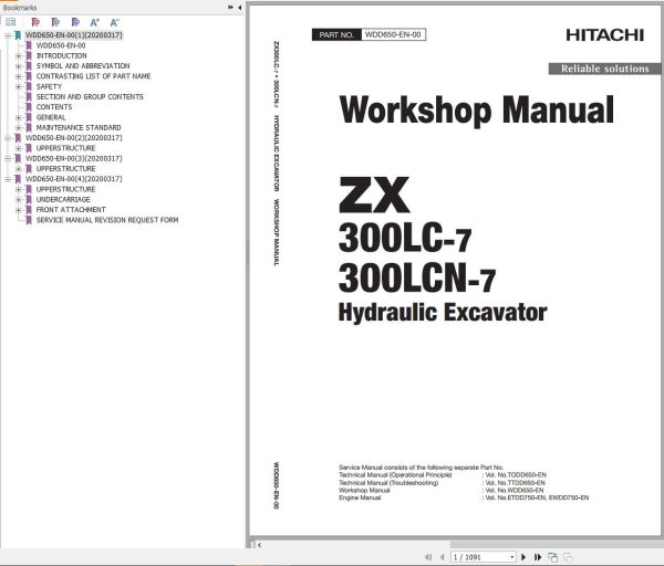 Hitachi Hydraulic Excavator ZX300LC 7 ZX300LCN 7 Workshop Manual