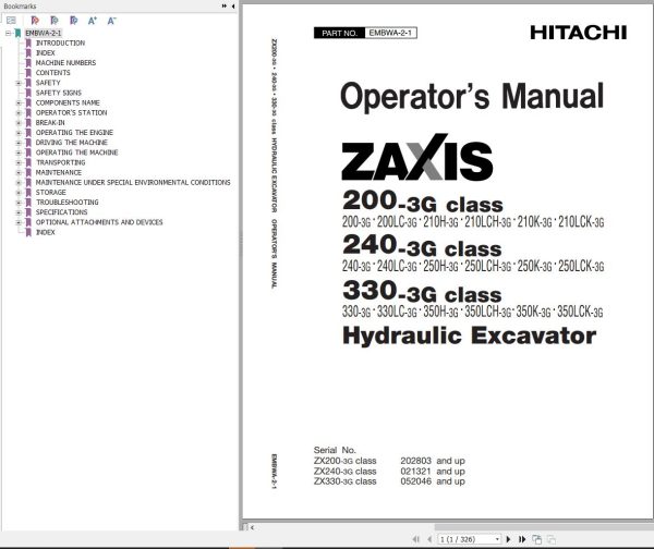 Hitachi Hydraulic Excavator ZX330 3G Operators Manual EMBWA 2 1