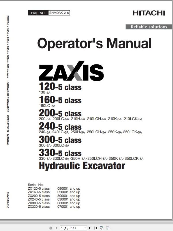 Hitachi Hydraulic Excavator ZX330 5A ZX330LC 5A ZX350H 5A Operators Manual ENMDAK 2 6