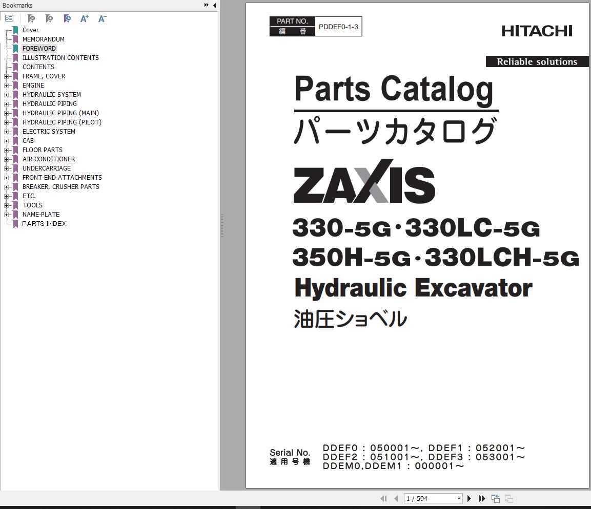Hitachi Hydraulic Excavator ZX330 5G to ZX380LC 5G Parts Catalog EN JP
