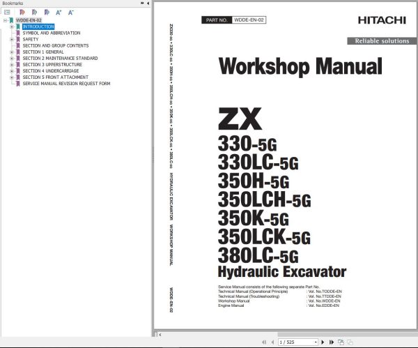 Hitachi Hydraulic Excavator ZX330 5G to ZX380LC 5G Workshop Manual WDDE EN 02