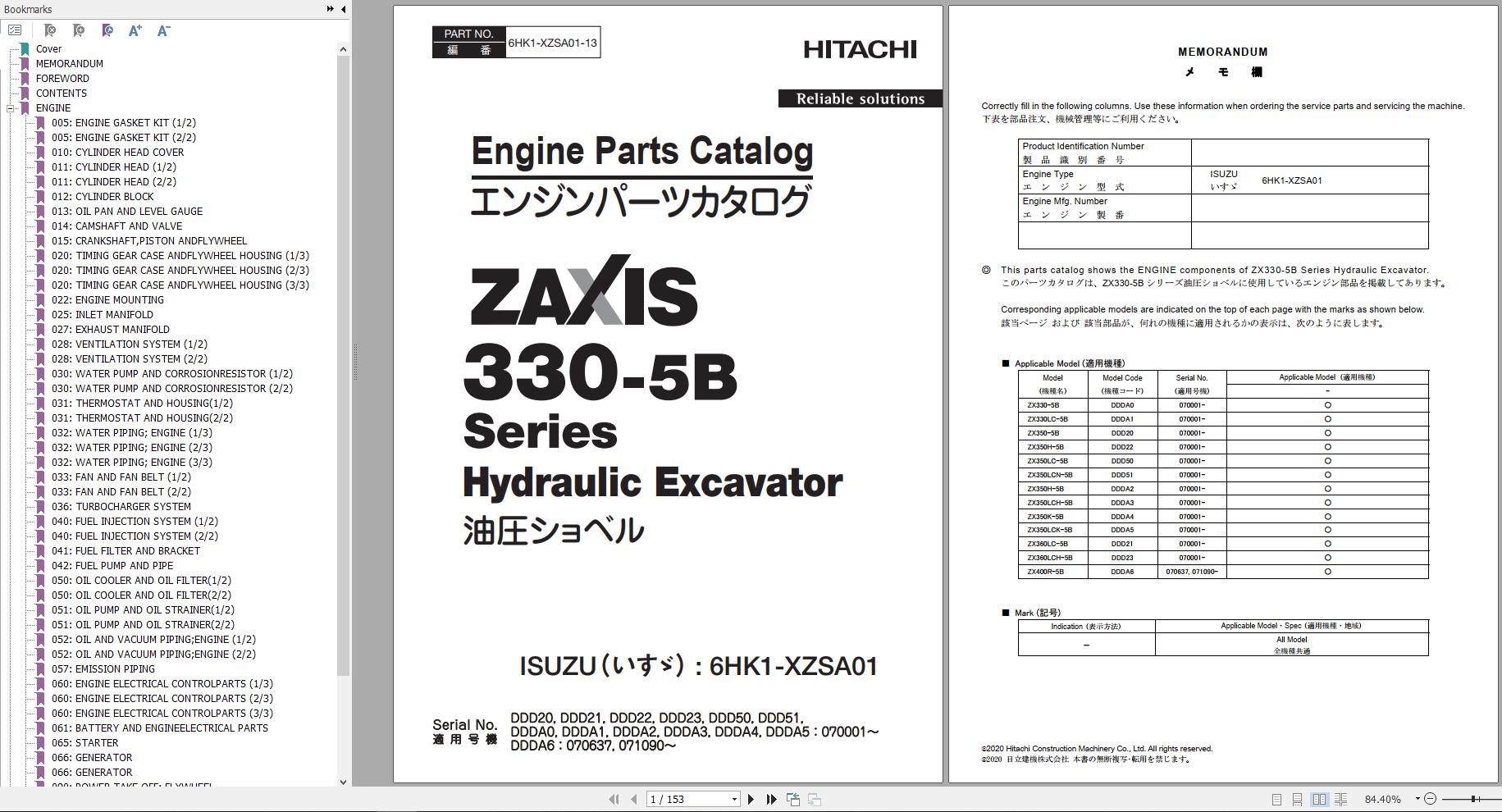 Hitachi Hydraulic Excavator ZX330LC 5B Parts Catalog EN JP