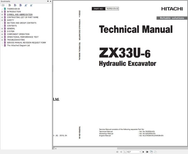 Hitachi Hydraulic Excavator ZX33U 6 Technical Manual TADR50 EN 00