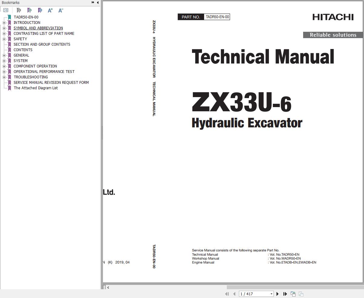 Hitachi Hydraulic Excavator ZX33U 6 Technical Manual TADR50 EN 00