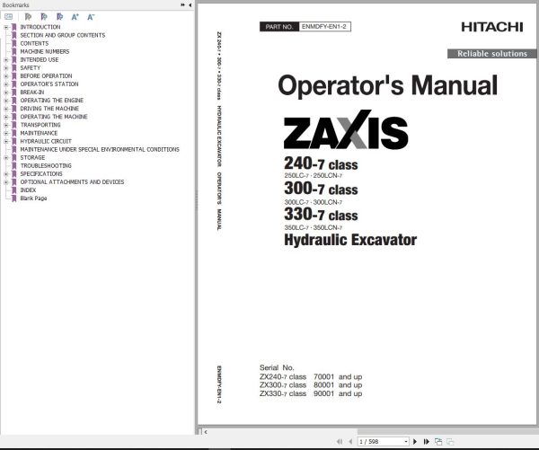 Hitachi Hydraulic Excavator ZX350LC 7 ZX350LCN 7 Operators Manual