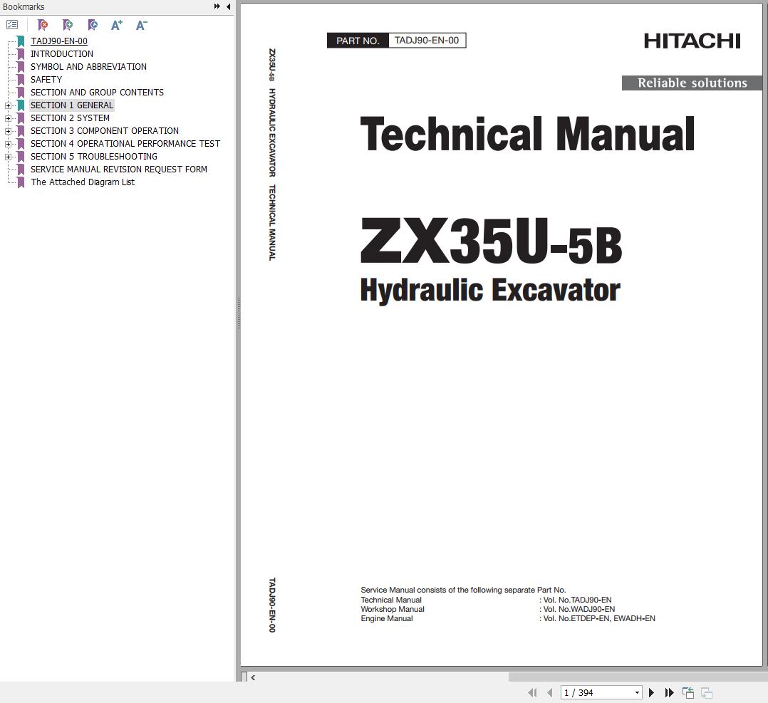 Hitachi Hydraulic Excavator ZX35U 5B Technical Manual TADJ90 EN 00