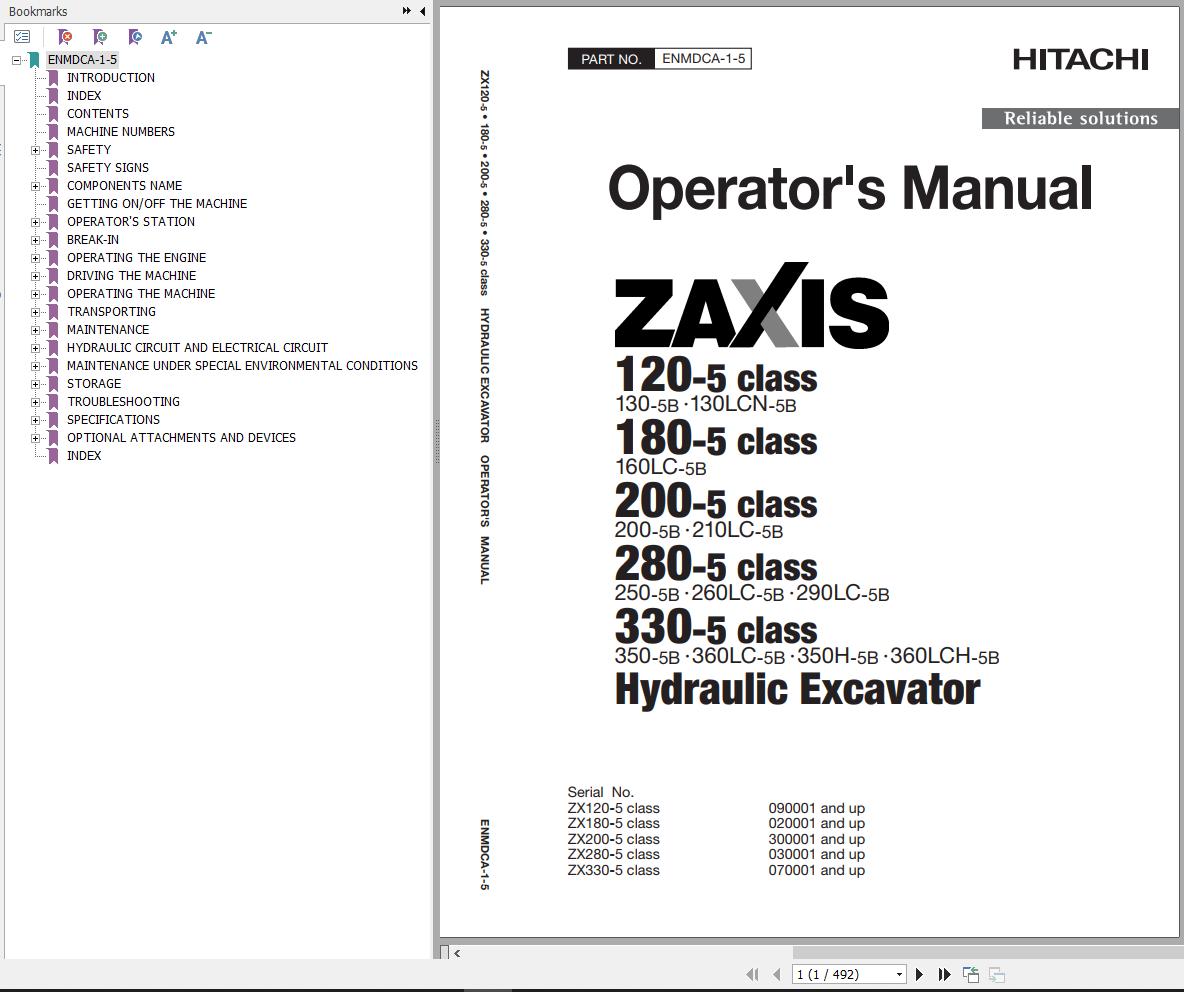 Hitachi Hydraulic Excavator ZX360LC 5B ZX360LCH 5B Operators Manual ENMDCA 1 5