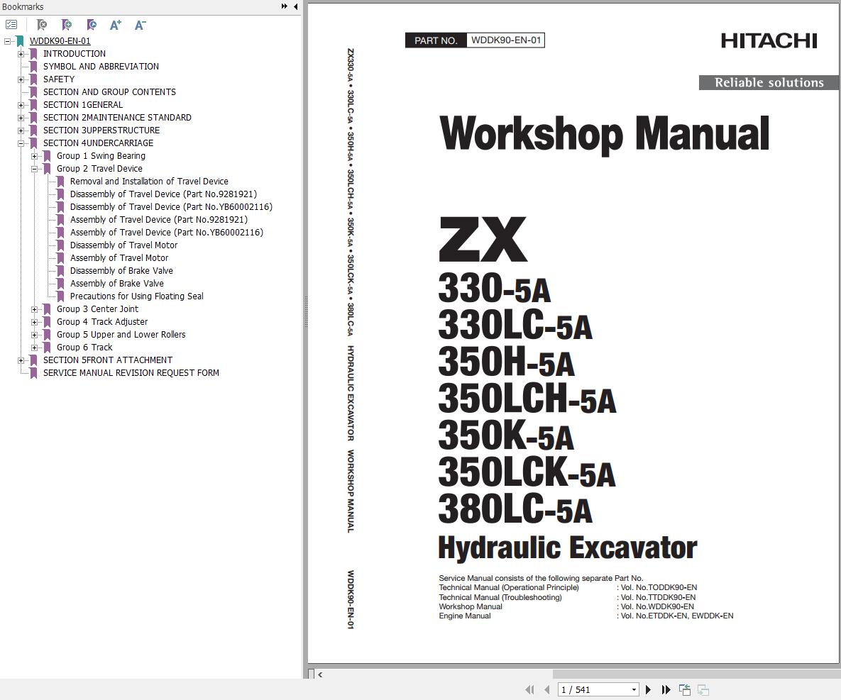 Hitachi Hydraulic Excavator ZX380LC 5A Workshop Manual WDDK90 EN 01