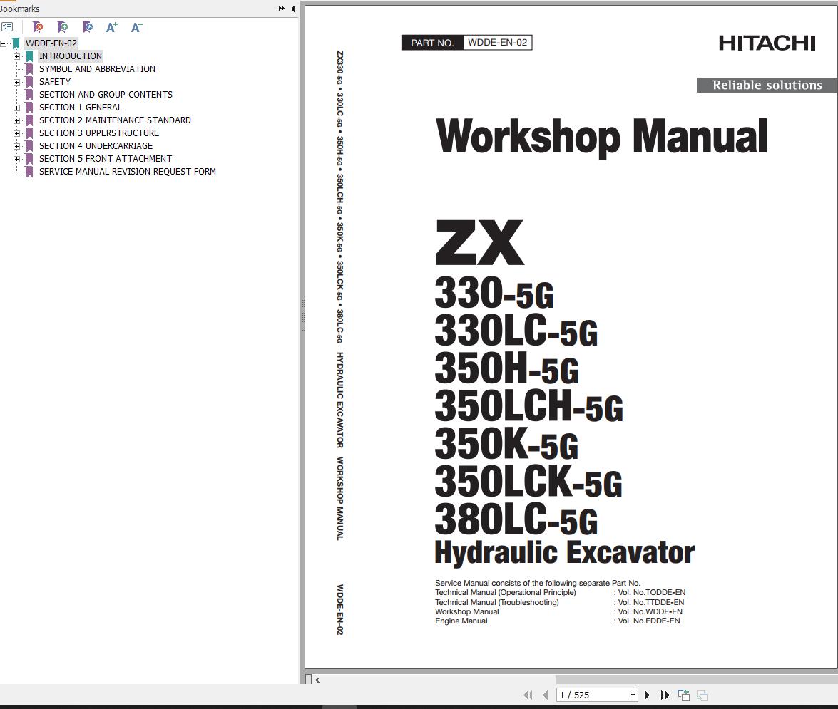 Hitachi Hydraulic Excavator ZX380LC 5G Workshop Manual