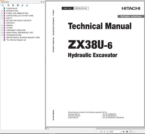 Hitachi Hydraulic Excavator ZX38U 6 Technical Manual TADS50 EN 00