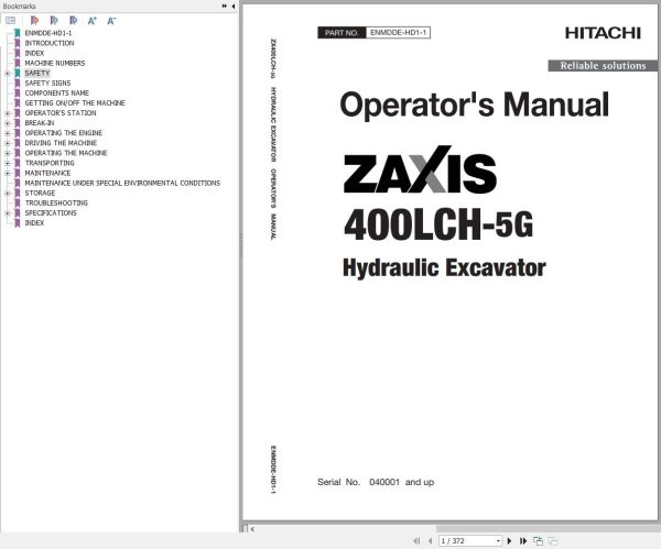 Hitachi Hydraulic Excavator ZX400LCH 5G Operators Manual ENMDDE HD1 1