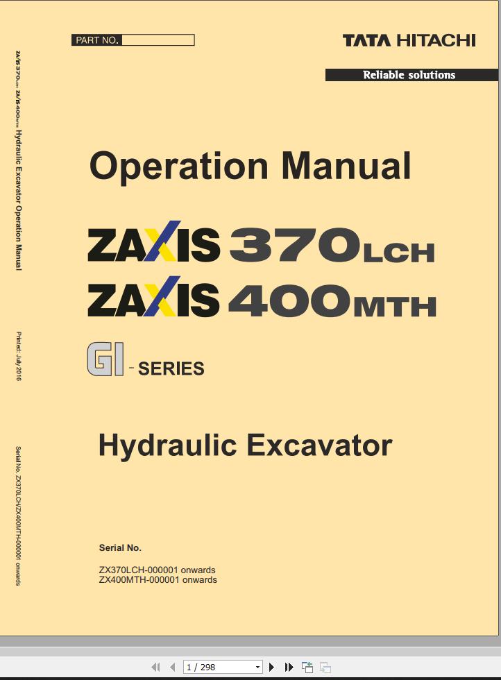 Hitachi Hydraulic Excavator ZX400MTH GI Series Operation Manual