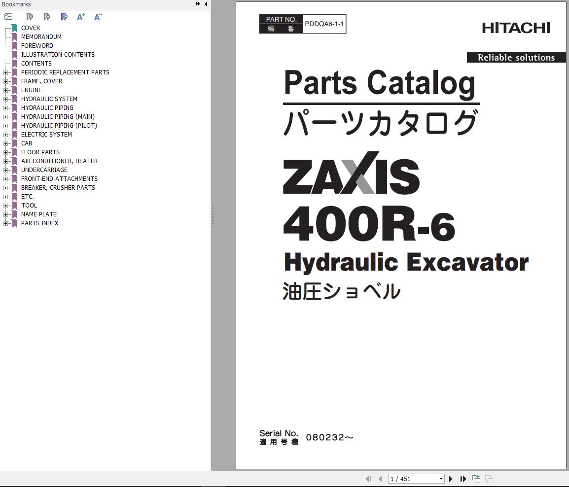 Hitachi Hydraulic Excavator ZX400R 6 Parts Catalog EN JP