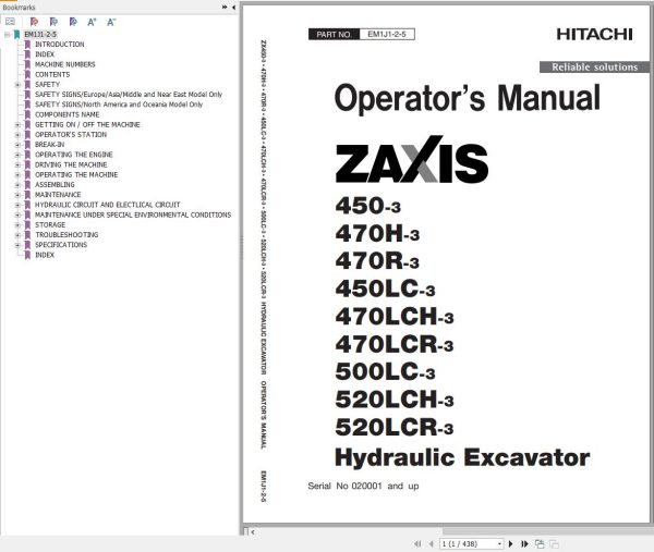 Hitachi Hydraulic Excavator ZX450 3 Operators Manual EM1J1 2 5