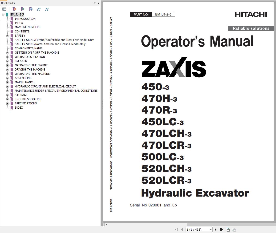 Hitachi Hydraulic Excavator ZX450 3 Operators Manual EM1J1 2 5