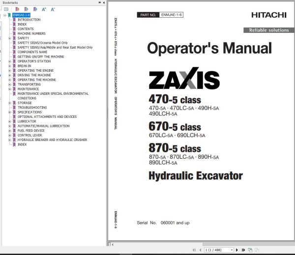 Hitachi Hydraulic Excavator ZX470 5A Operators Manual ENMJAE 1 6