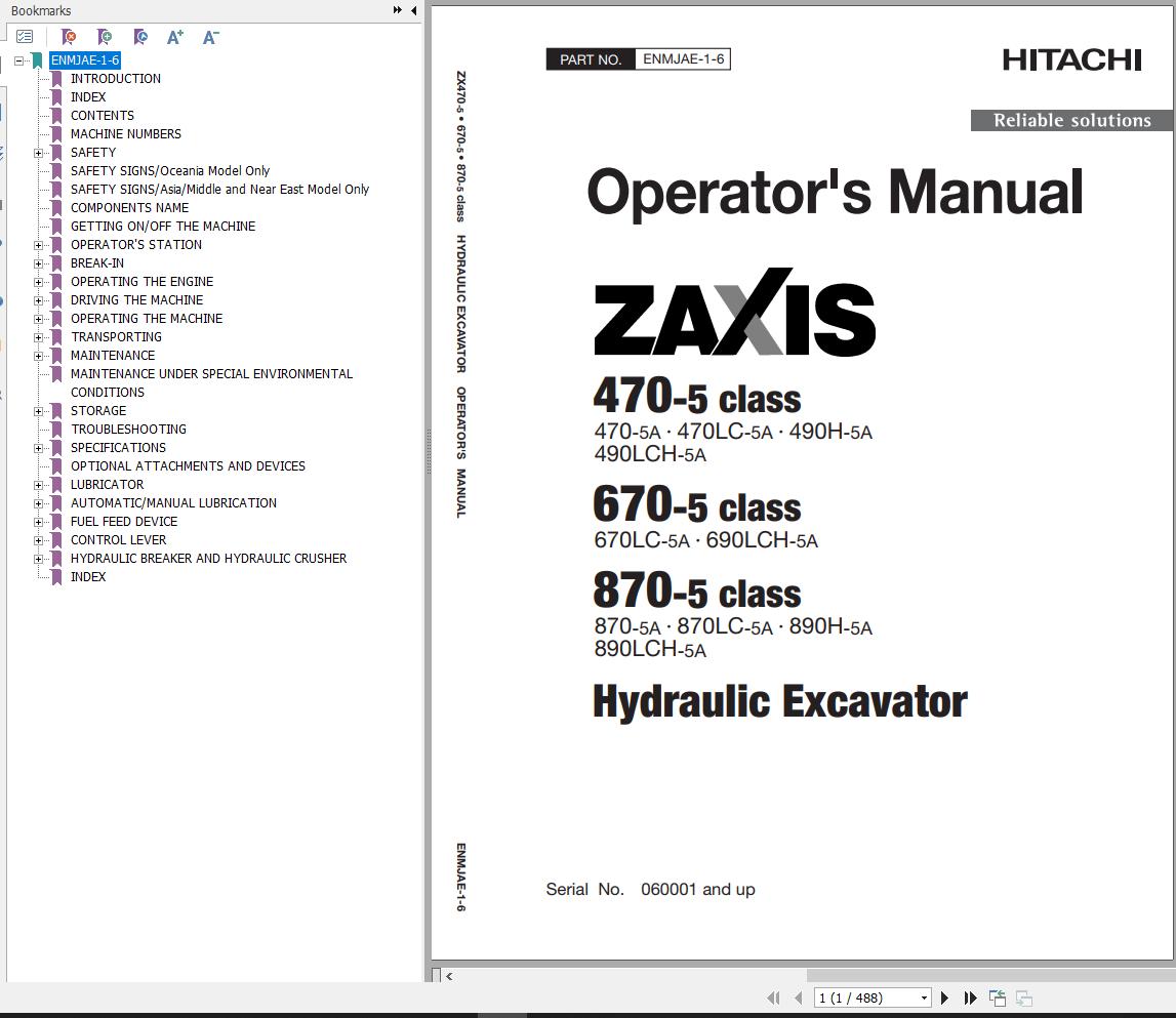 Hitachi Hydraulic Excavator ZX470 5A Operators Manual ENMJAE 1 6