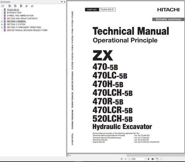 Hitachi Hydraulic Excavator ZX470 5B to ZX520LCH 5B Technical Manual