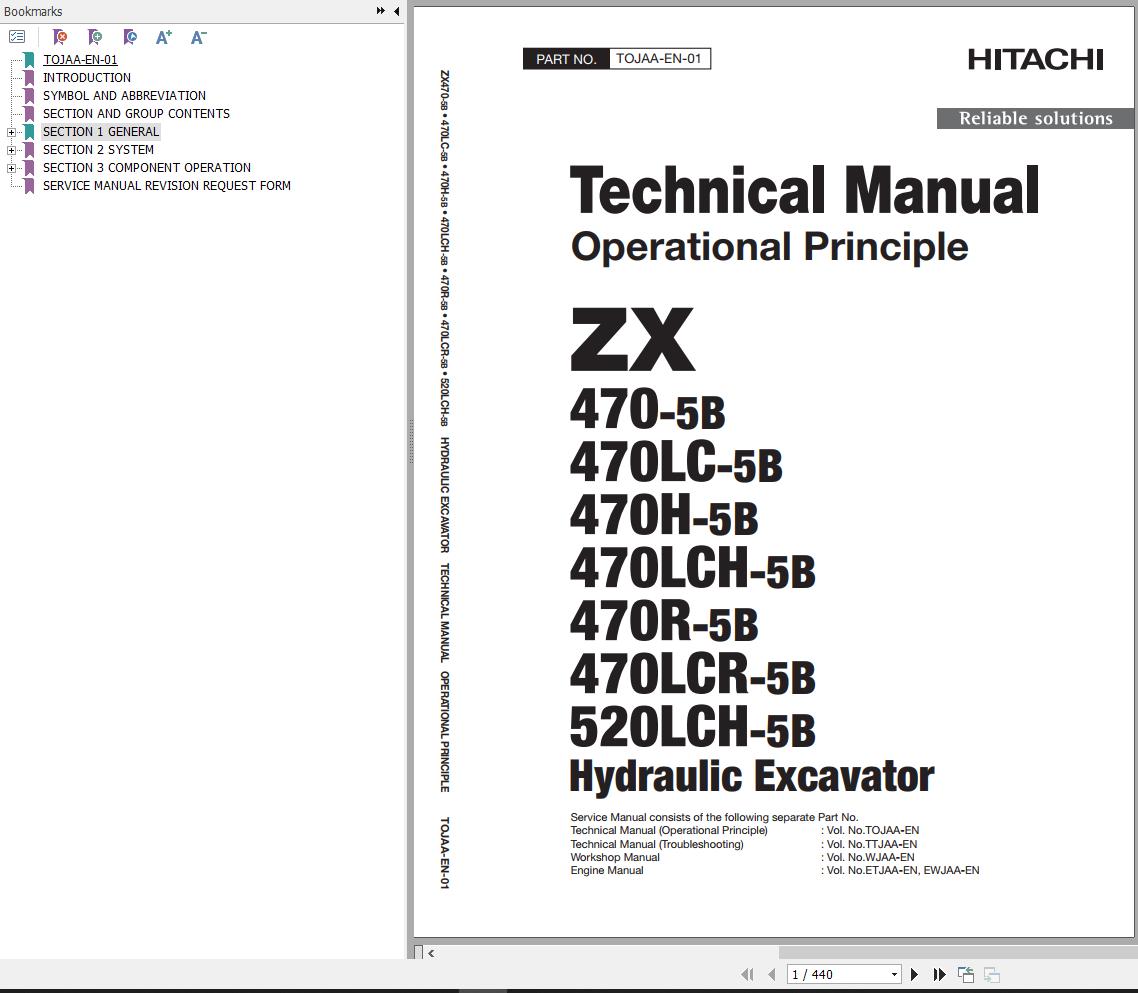 Hitachi Hydraulic Excavator ZX470 5B to ZX520LCH 5B Technical Manual
