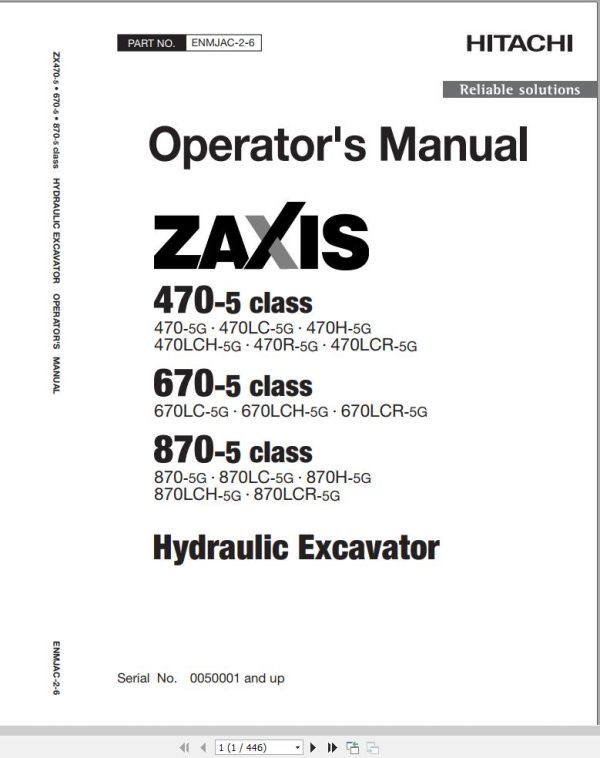 Hitachi Hydraulic Excavator ZX470 5G ZX470LC 5G Operators Manual