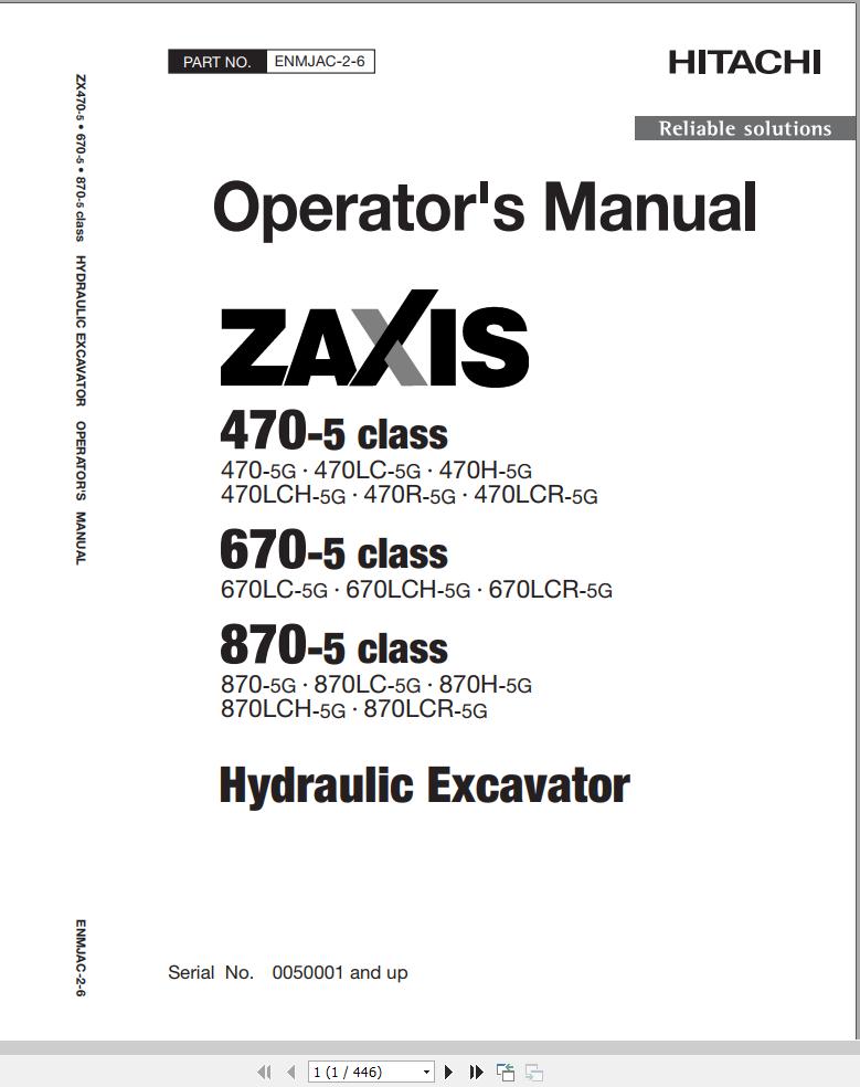 Hitachi Hydraulic Excavator ZX470 5G ZX470LC 5G Operators Manual