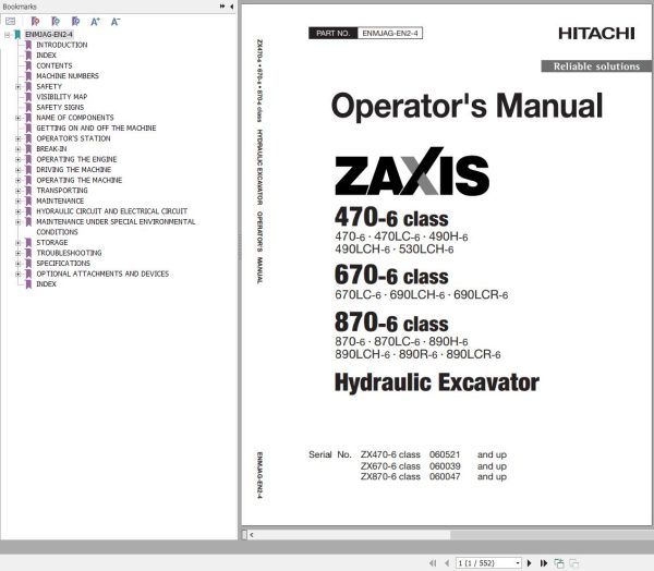 Hitachi Hydraulic Excavator ZX470 6 Operators Manual ENMJAG EN2 4