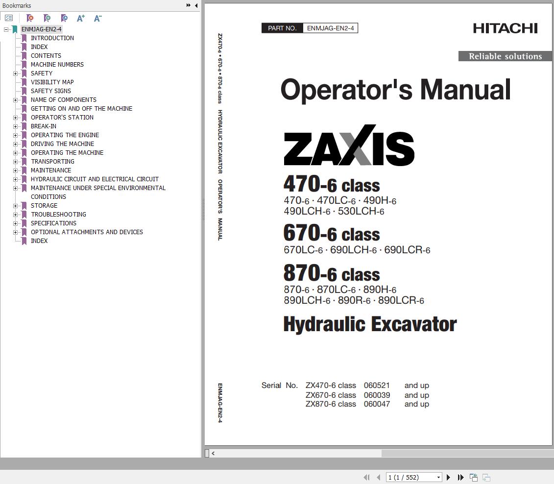 Hitachi Hydraulic Excavator ZX470 6 Operators Manual ENMJAG EN2 4