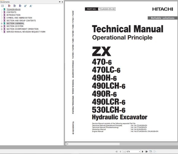 Hitachi Hydraulic Excavator ZX470 6 Technical Manual Operational Principle TOJAG50 EN 00
