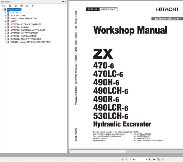 Hitachi Hydraulic Excavator ZX470 6 Workshop Manual WJAG50 EN 00