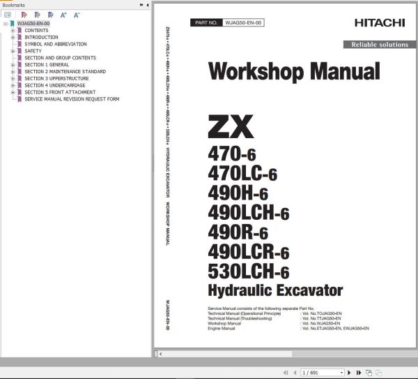 Hitachi Hydraulic Excavator ZX470 6 ZX470LC 6 Workshop Manual WJAG50 EN 00