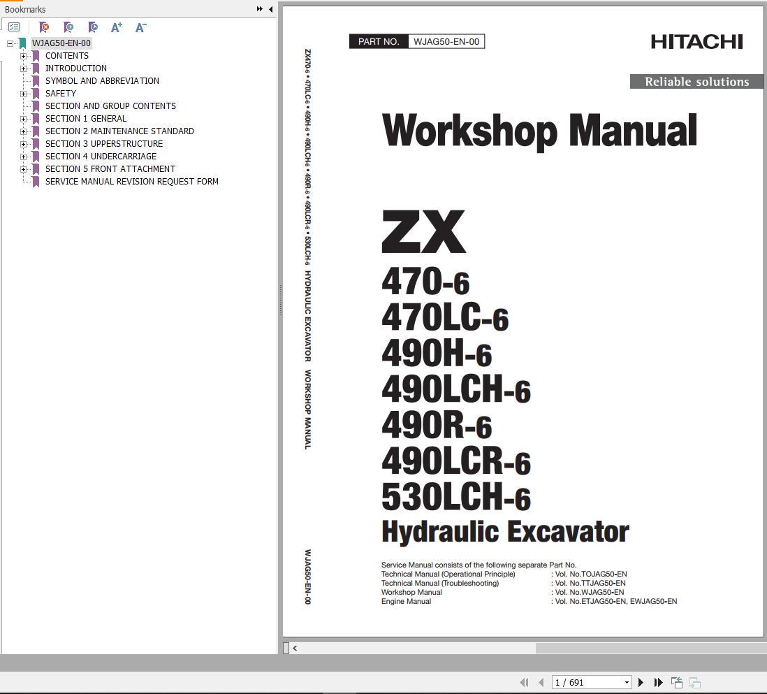 Hitachi Hydraulic Excavator ZX470 6 ZX470LC 6 Workshop Manual WJAG50 EN 00