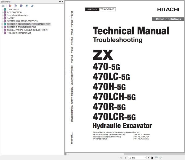 Hitachi Hydraulic Excavator ZX470H 5G ZX470R 5G Technical Manual