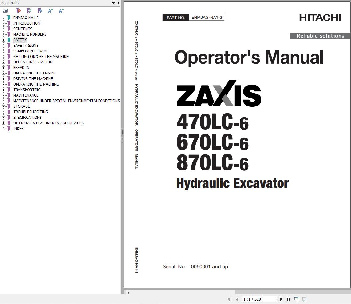 Hitachi Hydraulic Excavator ZX470LC 6 ZX670LC 6 ZX870LC 6 Operators Manual