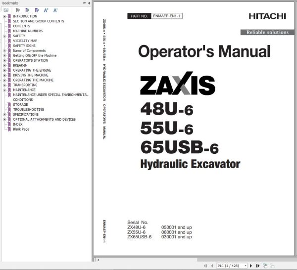 Hitachi Hydraulic Excavator ZX48U 6 ZX55U 6 ZX65USB 6 Operators Manual