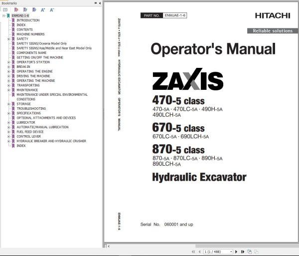 Hitachi Hydraulic Excavator ZX490LCH 5A Operators Manual ENMJAE 1 6