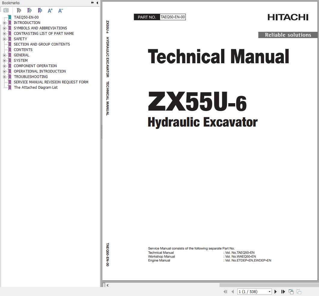 Hitachi Hydraulic Excavator ZX55U 6 Technical Manual TAEQ50 EN 00