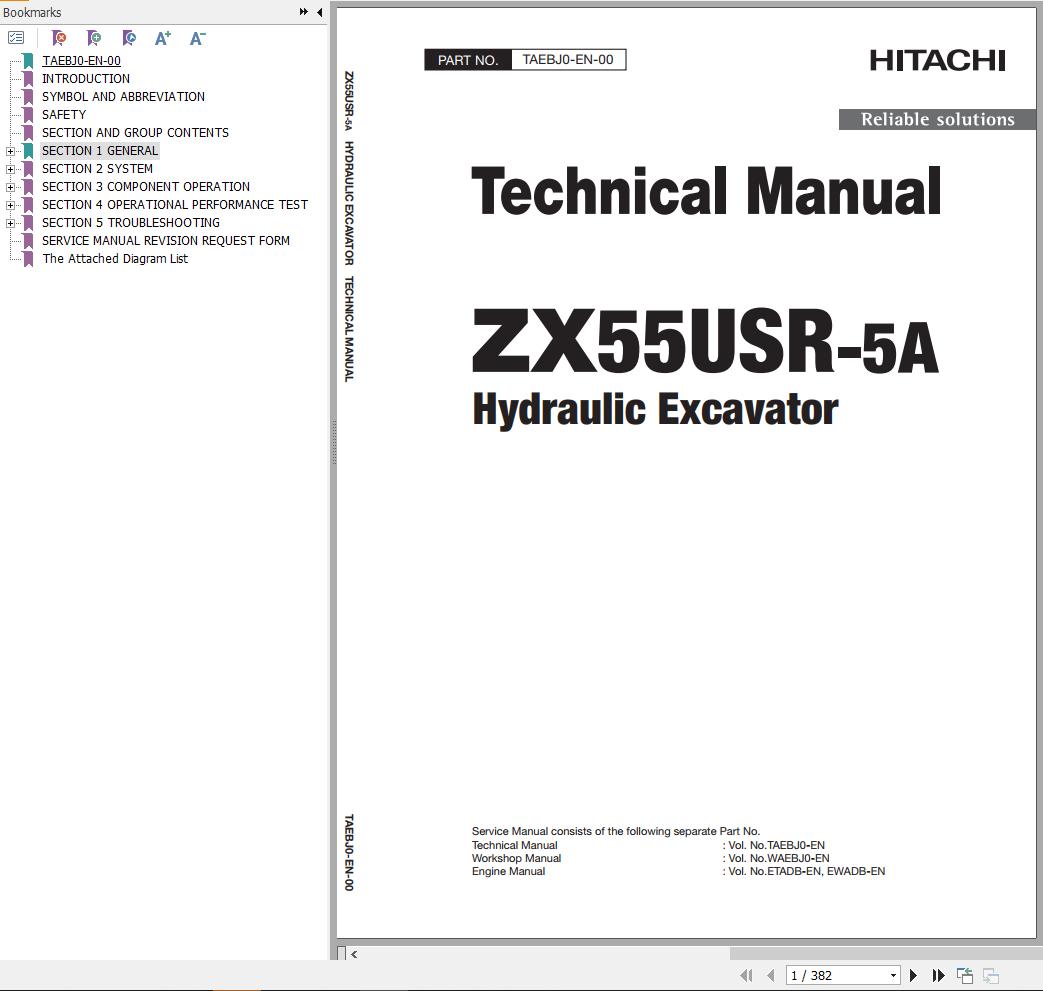 Hitachi Hydraulic Excavator ZX55USR 5A Technical Manual