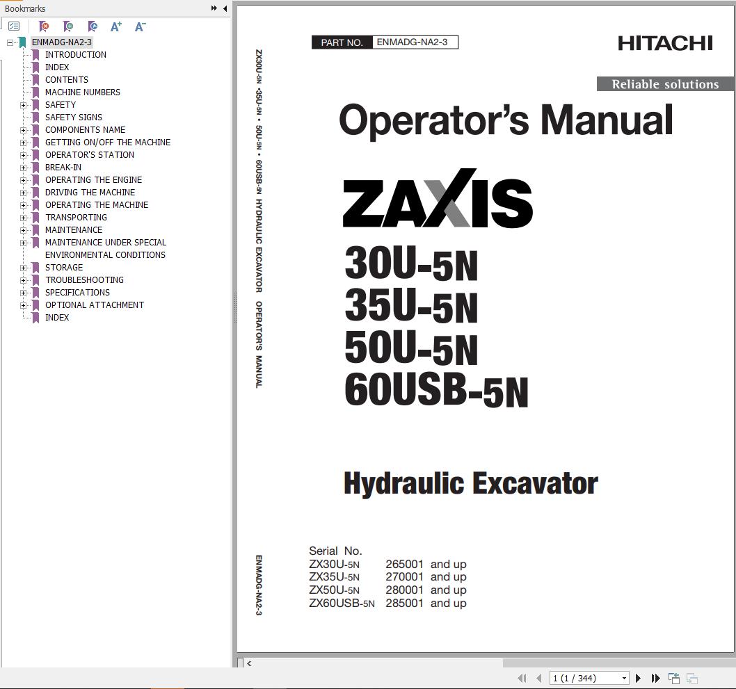 Hitachi Hydraulic Excavator ZX60USB 5N Operators Manual ENMADG NA2 3