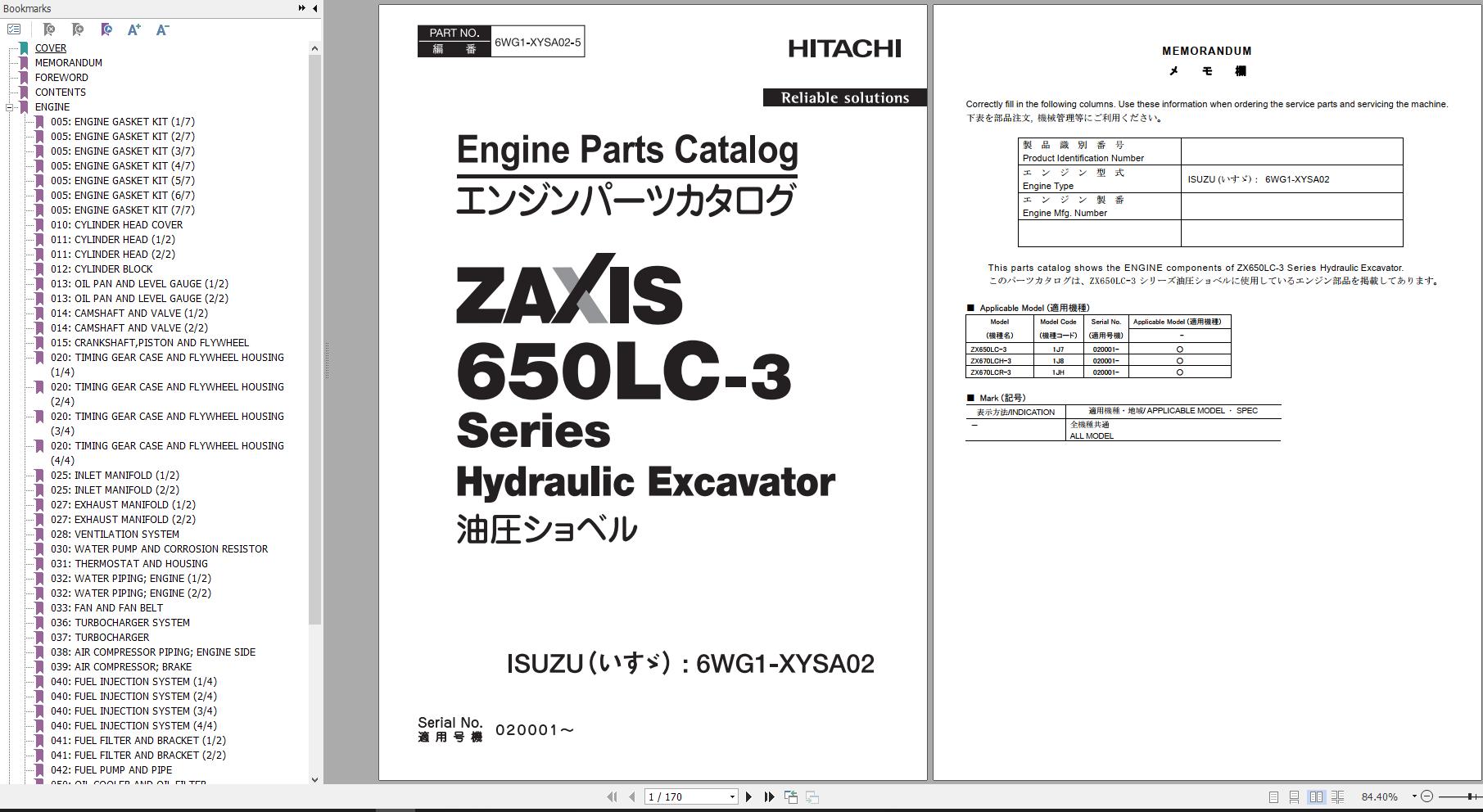 Hitachi Hydraulic Excavator ZX650LC 3 ZX670LCH 3 Parts Catalog EN JP