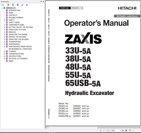 Hitachi Hydraulic Excavator ZX65USB 5A Operator’s Manual ENMADC 1 5