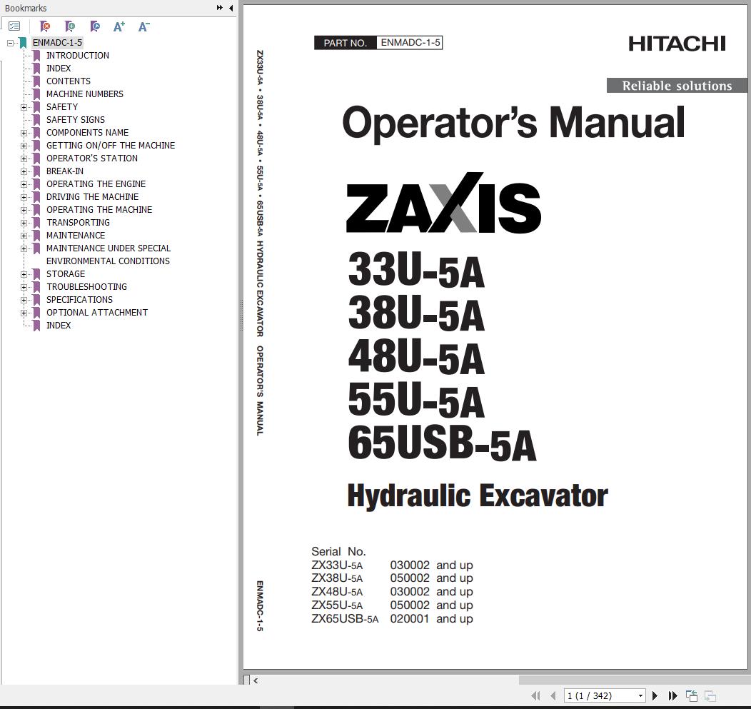 Hitachi Hydraulic Excavator ZX65USB 5A Operator’s Manual ENMADC 1 5