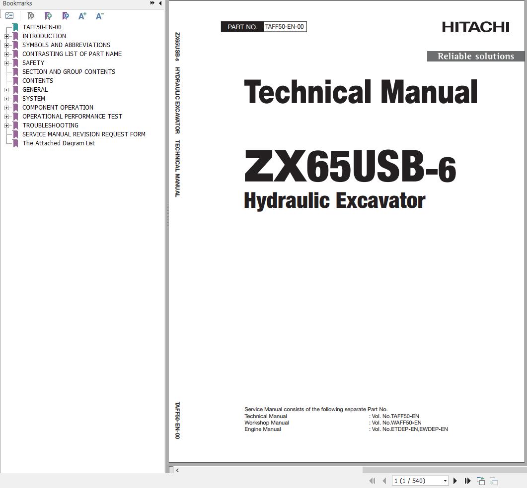 Hitachi Hydraulic Excavator ZX65USB 6 Technical Manual TAFF50 EN 00
