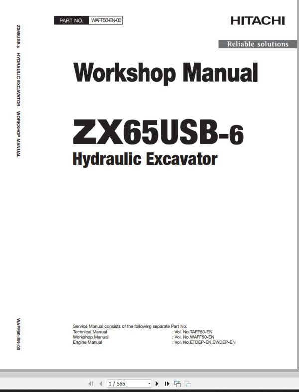 Hitachi Hydraulic Excavator ZX65USB 6 Workshop Manual WAFF50 EN 00