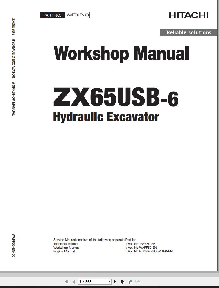 Hitachi Hydraulic Excavator ZX65USB 6 Workshop Manual WAFF50 EN 00